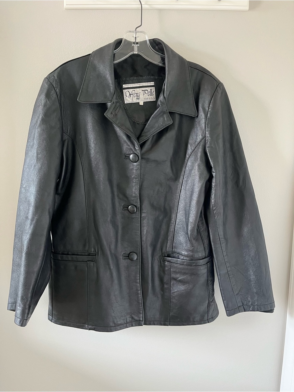 Vera Pelle Women's Black Leather Button-Front Jacket size Large